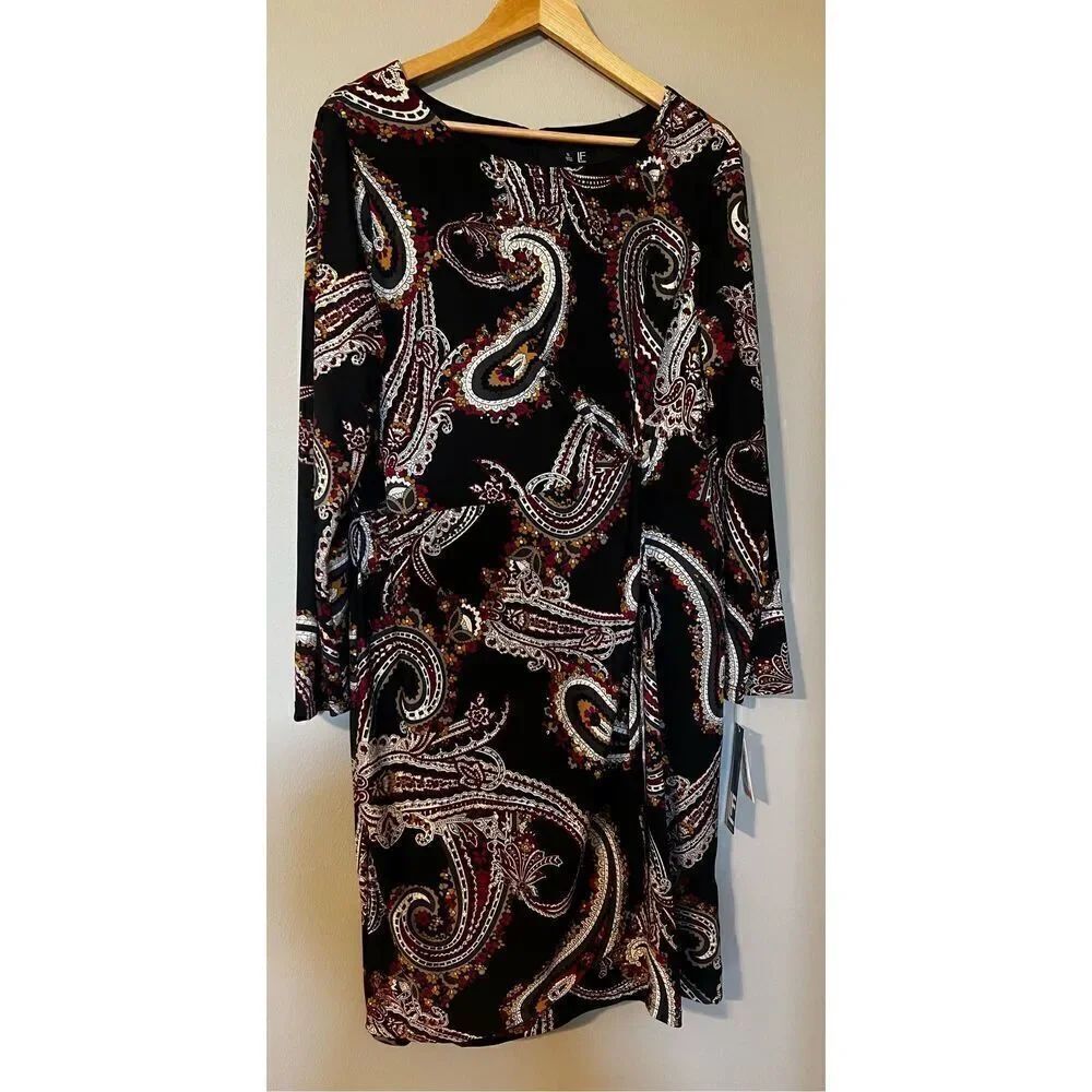 Leslie Fay Women’s Size 16 Paisley Dress Black Multicolor Long Sleeve High Neck